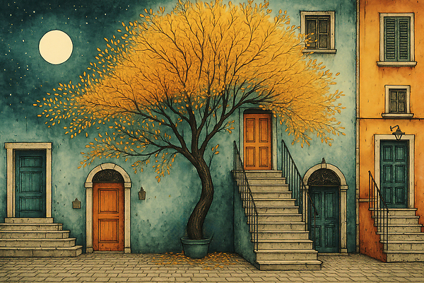 JPG 나무 외관 예술 컬러 일러스트 자연 밤하늘 풍경 건물 문 평화 계단 마을 달빛 그림 조화 구역 밝은색 뷰티풀 국내일러스트 AI일러스트 AI콘텐츠 식물 건축물 컨셉 하늘 달 야간 생태계 파일형식