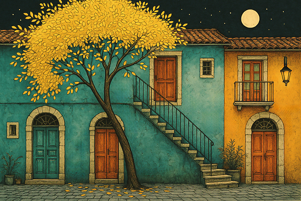 JPG 나무 문화 예술 컬러 단풍 일러스트 자연 조명 거리 주택 풍경 건물 파란색 계단 주황색 고요 달 가을 도시 밤 뷰티풀 국내일러스트 AI일러스트 AI콘텐츠 자연요소 식물 건축물 계절 잎 견과류 생태계 파일형식