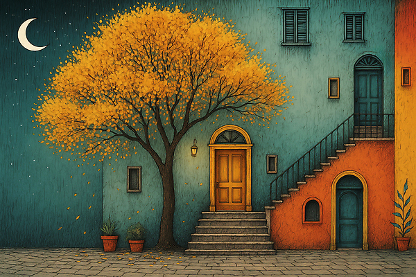 JPG 나무 별 가로등 일러스트 창문 자연 조명 풍경 건물 계단 정원 고요 달 도시 밤 타일 루프 복잡 뷰티풀 색감 국내일러스트 AI일러스트 AI콘텐츠 자연요소 식물 건축물 공공시설 컨셉 견과류 생태계 파일형식