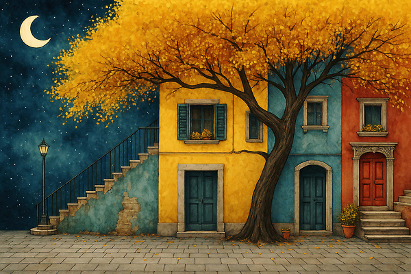 JPG 계절 건축 예술 컬러 가로등 일러스트 자연 단풍나무 조명 거리 주택 풍경 빨간색 여름 파란색 노란색 정원 고요 꿈 밤 디테일 국내일러스트 AI일러스트 AI콘텐츠 나무 공공시설 단풍 건물 견과류 생태계 파일형식