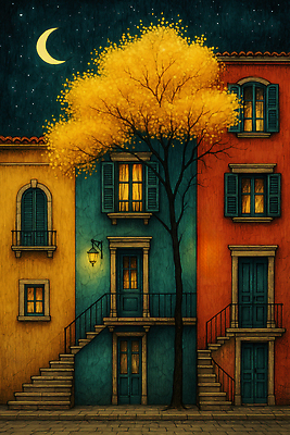 JPG 나무 컬러 가로등 일러스트 창문 하늘 조명 풍경 건물 계단 고요 금색 달 도시 분위기 밤 편안함 신비 뷰티풀 국내일러스트 AI일러스트 AI콘텐츠 자연요소 식물 건축물 공공시설 컨셉 견과류 감각 파일형식