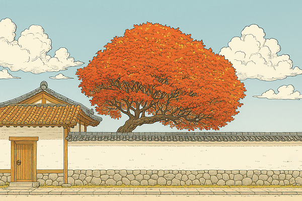 JPG 나무 구름 전통 고건축 일러스트 자연 하늘 단풍나무 한옥 한국 풍경 빨간색 담장 정원 고요 가을 뷰티풀 색감 오후 국내일러스트 AI일러스트 AI콘텐츠 자연요소 식물 한국전통 건축물 계절 아시아 컬러 단풍 생태계 파일형식