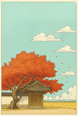 JPG 나무 전통 계절 문화 예술 컬러 단풍 일러스트 자연 하늘 단풍나무 한옥 한국 풍경 정원 가을 농촌 떨어짐 클라우드서비스 뷰티풀 국내일러스트 AI일러스트 AI콘텐츠 식물 한국전통 아시아 컨셉 고건축 잎 시골 서비스 생태계 파일형식