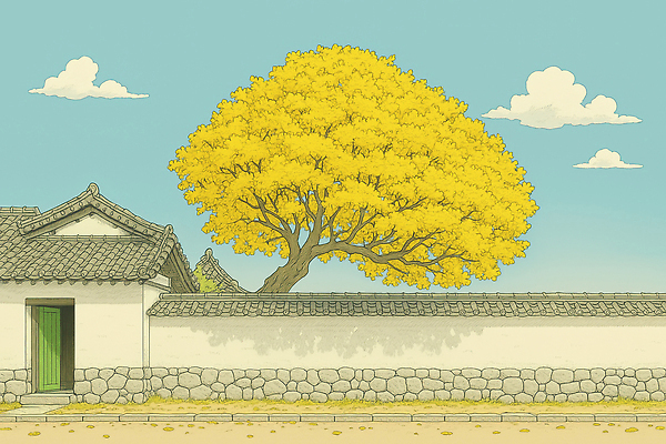 JPG 나무 구름 전통 길 벽 컬러 일러스트 자연 하늘 한국 풍경 마을 가을 은행나무 감성 조화 고풍 뷰티풀 청명 고택 국내일러스트 AI일러스트 AI콘텐츠 자연요소 식물 건축물 계절 아시아 컨셉 생태계 파일형식