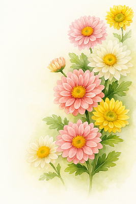 JPG 식물 꽃 분홍색 컬러 잎 일러스트 자연 생명 풍경 장식 햇빛 노란색 정원 봄 감상 흰색 꽃봉오리 화사함 만개 뷰티풀 경관 국내일러스트 AI일러스트 AI콘텐츠 계절 컨셉 태양 생태계 파일형식