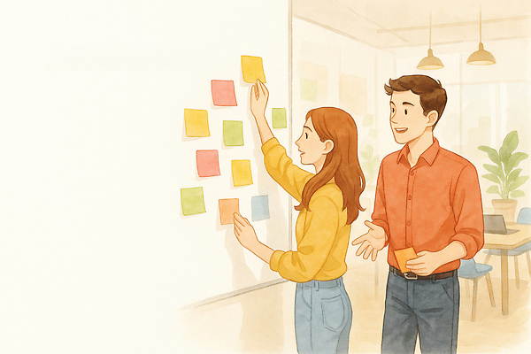 JPG 일러스트 회의 협력 아이디어 직장 사무실 칠판 작업 그룹 목표 포스트잇 전략 색종이 의견 소통 혁명 창의성 프로젝트 플래너 브레인스토밍 국내일러스트 AI일러스트 AI콘텐츠 종이 컨셉 회사 비즈니스 메모지 파일형식