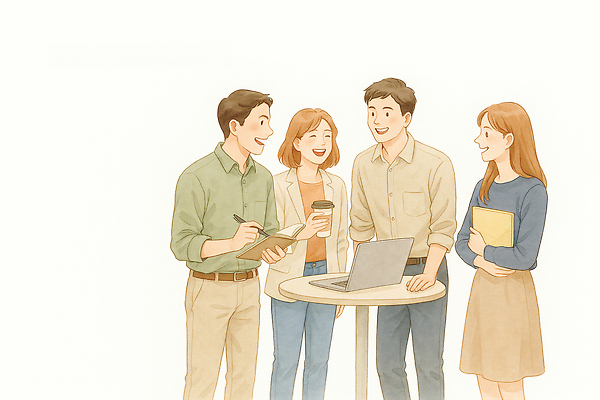 JPG 손 음료 일러스트 모션 탁자 협력 아이디어 대화 미소 웃음 친구 사무실 공책 모임 시간 업무 뉴스 의견 공유 창의력 국내일러스트 AI일러스트 AI콘텐츠 가구 컨셉 비즈니스 관계 문구용품 표정 말하기 신체부위 작업 파일형식