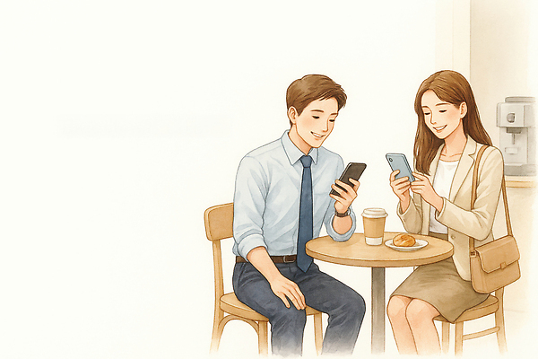 JPG 커플 여자 남자 커피 일러스트 탁자 디저트 기술 대화 일상 스마트폰 카페 만남 즐거움 모던 소통 순간 국내일러스트 AI일러스트 AI콘텐츠 감정 음료 음식 가구 컨셉 관계 말하기 사람 라이프 핸드폰 스마트기기 상점 파일형식