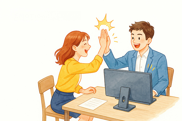 JPG 행복 일러스트 협력 직장 대화 웃음 컴퓨터 사무실 업무 결과 동료 문서 하이파이브 소통 친목 의사소통 인간관계 국내일러스트 AI일러스트 AI콘텐츠 감정 컨셉 회사 비즈니스 관계 표정 말하기 손짓 전자제품 작업 파일형식