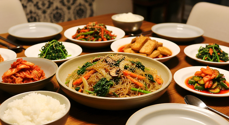 JPG 편집이미지 전통 한식 채소 탁자 반찬 김치 육류 식사 견과류 양념 저녁 두부 시금치 잡채 흰밥 편집실사 AI포토 AI콘텐츠 음식 가구 식재료 밥 야간 CG 파일형식