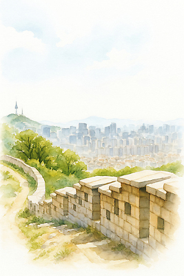 JPG 전통 여유 여행 일러스트 자연 하늘 바람 산 서울 풍경 파란색 고층빌딩 산책로 안개 도시 역사 한강 녹지 뷰티풀 국내일러스트 AI일러스트 AI콘텐츠 자연요소 감정 길 컬러 날씨 한국 빌딩 생태계 랜드마크 파일형식