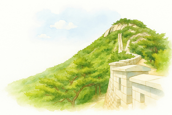 JPG 전통 여행 일러스트 자연 산 돌담 여름 관광지 고요 산책 등산 문화재 역사 조경 성벽 뷰티풀 경관 국내일러스트 AI일러스트 AI콘텐츠 계절 휴식 풍경 담장 트래킹 돌_바위 생태계 파일형식