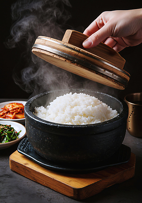 JPG 편집이미지 전통 한식 밥 반찬 한국 건강 요리 식사 뚜껑 쌀 뜨거움 맛 솥 준비 의료성형뷰티 편집실사 AI인물포토 AI콘텐츠 아시아 음식 컨셉 주방용품 곡류 CG 파일형식 AI포토