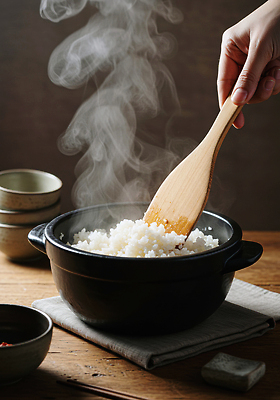 JPG 편집이미지 손 음식 가정 탁자 밥 따뜻함 요리 주방 식사 수증기 만들기 밥솥 나무주걱 의료성형뷰티 편집실사 AI인물포토 AI콘텐츠 가구 모션 주방용품 목재 신체부위 CG 주걱 파일형식 AI포토