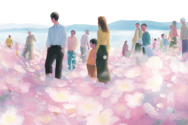 JPG 여자 남자 꽃잎 꽃 어린이 일러스트 가족 자연 놀이 하늘 산 대화 사람 풍경 초원 소풍 노란색 걷기 봄 즐거움 코스모스 만개 국내일러스트 AI일러스트 AI콘텐츠 식물 계절 감정 컬러 관계 모션 말하기 야외활동 생태계 파일형식