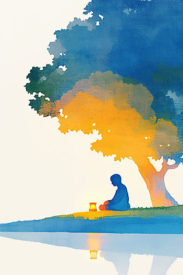 JPG 나무 행복 일러스트 자연 하늘 사람 빛 반사 평화 고요 일몰 교양 물가 명상 조용 사색 뷰티풀 색채 청명 국내일러스트 AI일러스트 AI콘텐츠 식물 감정 컨셉 생각 풍경 노을 생태계 파일형식