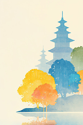 JPG 나무 전통 건축 문화 예술 컬러 일러스트 자연 한국 풍경 반사 평화 탑 공간 비 조용 뷰티풀 수목 청명 국내일러스트 AI일러스트 AI콘텐츠 자연요소 식물 건축물 아시아 컨셉 날씨 생태계 파일형식