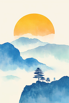 JPG 나무 감정 일러스트 자연 하늘 생명 산 풍경 파란색 태양 일출 노을 소리 고요 일몰 금색 안개 조화 뷰티풀 국내일러스트 AI일러스트 AI콘텐츠 자연요소 식물 컬러 날씨 생태계 파일형식