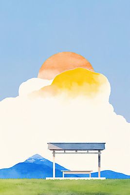 JPG 구름 여유 예술 컬러 일러스트 자연 하늘 산 풍경 초원 파란색 태양 평화 일출 분위기 정자 감성 조화 뷰티풀 국내일러스트 AI일러스트 AI콘텐츠 자연요소 건축물 감정 컨셉 노을 생태계 파일형식