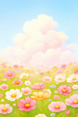 JPG 식물 구름 꽃 컬러 일러스트 자연 풍경 초원 여름 햇빛 평화 봄 들꽃 방목 부드러움 조화 만개 뷰티풀 국내일러스트 AI일러스트 AI콘텐츠 자연요소 계절 컨셉 태양 감각 축산업 생태계 파일형식