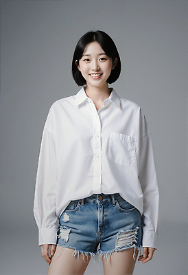 JPG 편집이미지 여자 패션 포즈 미소 웃음 촬영 매력적 청바지 표현 단순화된 의료성형뷰티 스타일 세련 편집실사 AI인물포토 AI콘텐츠 컨셉 바지 표정 사람 CG 파일형식 AI포토
