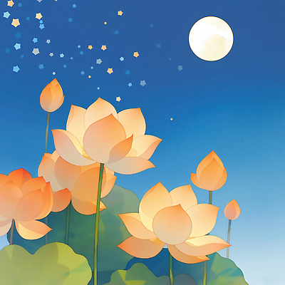 JPG 별 컬러 일러스트 자연 하늘 조명 연꽃 풍경 평화 정원 촬영 고요 일몰 감상 수중식물 분위기 달빛 만개 뷰티풀 여름밤 국내일러스트 AI일러스트 AI콘텐츠 자연요소 식물 꽃 컨셉 여름 노을 달 야간 생태계 파일형식