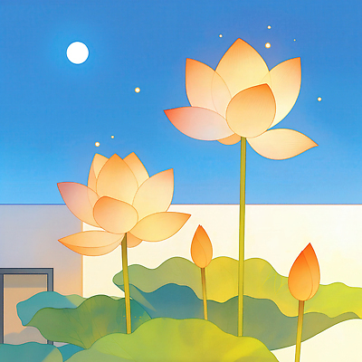 JPG 식물 꽃잎 화초 컬러 일러스트 자연 하늘 생명 조명 연꽃 풍경 여름 빛 평화 정원 달 밤 만개 뷰티풀 접착풀 차분 국내일러스트 AI일러스트 AI콘텐츠 자연요소 계절 꽃 컨셉 문구용품 견과류 풀_접착제 생태계 파일형식