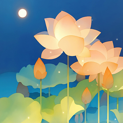 JPG 나무 식물 꽃 호수 컬러 일러스트 자연 하늘 생명 연꽃 풍경 여름 평화 고요 수면 수중식물 생태 밤 달빛 향기 뷰티풀 국내일러스트 AI일러스트 AI콘텐츠 계절 컨셉 물 견과류 달 생태계 냄새 파일형식