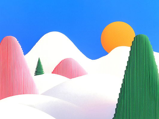 JPG 모양 나무 편집이미지 디자인 컬러 백그라운드 겨울 자연 하늘 산 풍경 빨간색 초록색 태양 평화 주황색 눈 그림 부드러움 환상 이미지편집 AI컴퓨터그래픽 AI콘텐츠 자연요소 식물 계절 컨셉 날씨 감각 생태계 파일형식