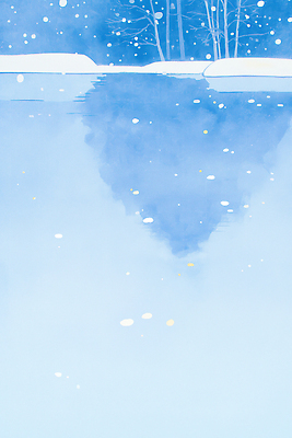 JPG 나무 호수 겨울 일러스트 자연 하늘 풍경 파란색 빛 반사 평화 얼음 고요 추위 눈 수면 차가움 뷰티풀 풍경화 국내일러스트 AI일러스트 AI콘텐츠 자연요소 식물 계절 컬러 컨셉 날씨 물 그림 생태계 파일형식