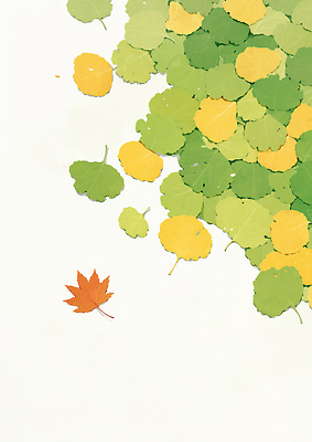 JPG 계절 감정 컬러 백그라운드 단풍 잎 일러스트 자연 나뭇잎 풍경 초록색 노란색 주황색 가을 흰색 비교 생태 조화 뷰티풀 국내일러스트 AI일러스트 AI콘텐츠 식물 컨셉 생태계 파일형식