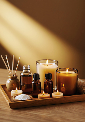 JPG 편집이미지 컬러 초 자연 탁자 휴식 조명 쟁반 인테리어 마음 분위기 향기 아로마 향 아로마테라피 편집실사 AI포토 AI콘텐츠 디자인 가구 컨셉 CG 생태계 냄새 테라피 파일형식