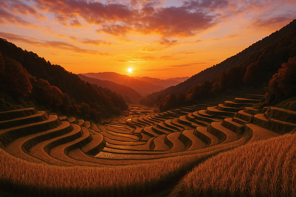 JPG 편집이미지 농업 자연 하늘 풍경 태양 농사 일몰 저녁 메밀 계단식논 뷰티풀 경관 편집실사 AI컴퓨터그래픽 AI콘텐츠 자연요소 산업 식재료 논 노을 야간 CG 생태계 파일형식