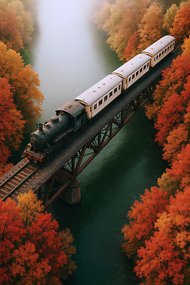 JPG 편집이미지 호수 여행 단풍 자연 나뭇잎 산 풍경 빨간색 강 노란색 기차 가을 기차여행 가교 편집실사 AI컴퓨터그래픽 AI콘텐츠 건축물 계절 육상교통 컬러 잎 대중교통 CG 생태계 파일형식