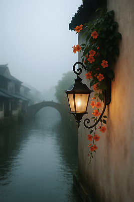 JPG 편집이미지 전통 꽃 가로등 자연 조명 미소 풍경 평화 마을 고요 안개 수면 밤 수로 뷰티풀 편집실사 AI컴퓨터그래픽 AI콘텐츠 식물 공공시설 컨셉 날씨 표정 물 견과류 CG 생태계 파일형식