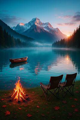 JPG 편집이미지 호수 여행 의자 자연 불꽃 산 풍경 취미 야외활동 평화 노을 캠핑 저녁 선박 편집실사 AI컴퓨터그래픽 AI콘텐츠 자연요소 가구 컨셉 수상교통 불 레저 야간 CG 생태계 파일형식