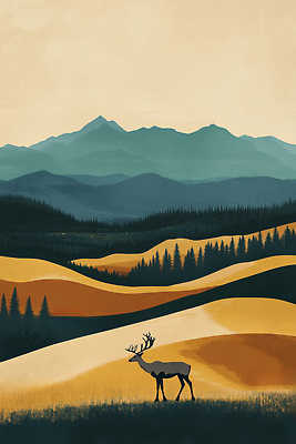 JPG 야생동물 컬러 일러스트 자연 하늘 사슴 산 풍경 초원 갈색 평화 고요 황금 생태 숲 언덕 그림 뷰티풀 산맥 국내일러스트 AI일러스트 AI콘텐츠 동물 컨셉 포유류 생태계 파일형식