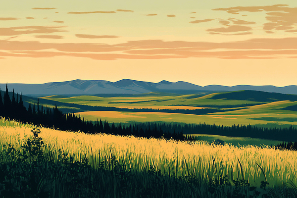 JPG 일러스트 자연 하늘 날씨 산 풍경 초원 초록색 햇빛 평화 고요 황혼 저녁 생태계 뷰티풀 차분 국내일러스트 AI일러스트 AI콘텐츠 컬러 컨셉 태양 일몰 야간 파일형식
