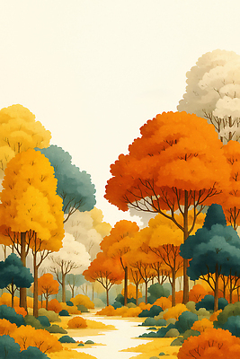 JPG 나무 감정 컬러 일러스트 자연 풍경 초원 햇빛 환경 정원 산책 감상 금색 가을 숲 조화 뷰티풀 국내일러스트 AI일러스트 AI콘텐츠 식물 계절 휴식 태양 생태계 파일형식