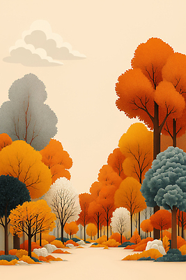 JPG 나무 길 컬러 여행 단풍 일러스트 자연 하늘 풍경 파란색 노란색 주황색 고요 산책 가을 흰색 도시 숲 조용 국내일러스트 AI일러스트 AI콘텐츠 식물 계절 잎 휴식 생태계 파일형식