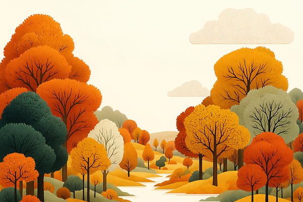 JPG 나무 계절 컬러 단풍 일러스트 자연 풍경 야외 빨간색 햇빛 노란색 평화 환경 고요 가을 개울 숲 뷰티풀 차분 국내일러스트 AI일러스트 AI콘텐츠 식물 컨셉 잎 강 태양 생태계 파일형식