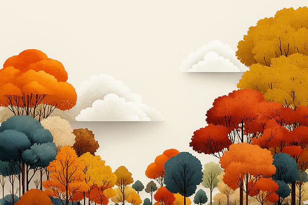 JPG 모양 나무 구름 컬러 일러스트 자연 하늘 따뜻함 풍경 초록색 주황색 고요 터치 금색 가을 숲 조화 색감 풍요 디지털아트 국내일러스트 AI일러스트 AI콘텐츠 자연요소 식물 계절 컨셉 생태계 파일형식
