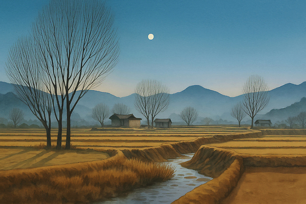 JPG 나무 겨울 일러스트 자연 하늘 산 주택 풍경 평화 고요 일몰 전원 농촌 개울 저녁 조화 논밭 뷰티풀 국내일러스트 AI일러스트 AI콘텐츠 식물 계절 컨셉 밭 논 건물 강 노을 시골 전기에너지 야간 생태계 파일형식