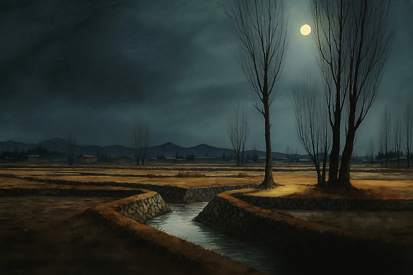 JPG 나무 여유 일러스트 자연 하늘 바람 산 풍경 물 평화 마을 어둠 고요 농촌 시골 개울 밤 달빛 수확철 국내일러스트 AI일러스트 AI콘텐츠 자연요소 식물 감정 컨셉 날씨 강 견과류 수확 달 생태계 파일형식