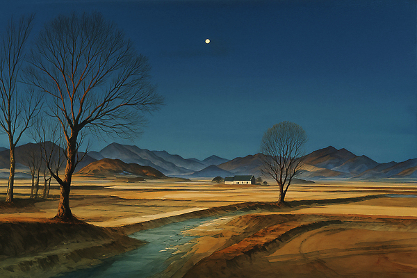 JPG 나무 하늘색 일러스트 자연 하늘 산 주택 풍경 물 강 고요 일몰 달 농촌 밤 저녁 땅 평야 국내일러스트 AI일러스트 AI콘텐츠 자연요소 식물 건물 파란색 노을 견과류 시골 야간 생태계 파일형식