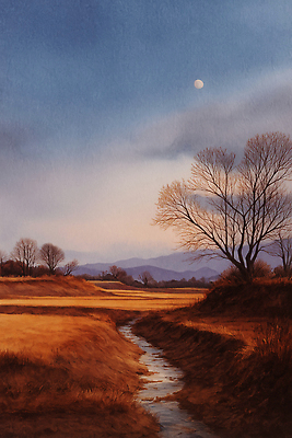 JPG 나무 구름 여유 컬러 겨울 일러스트 자연 하늘 풍경 잔디 초원 물 강 고요 황혼 일몰 흐름 달 산맥 국내일러스트 AI일러스트 AI콘텐츠 자연요소 식물 계절 감정 컨셉 산 노을 생태계 파일형식