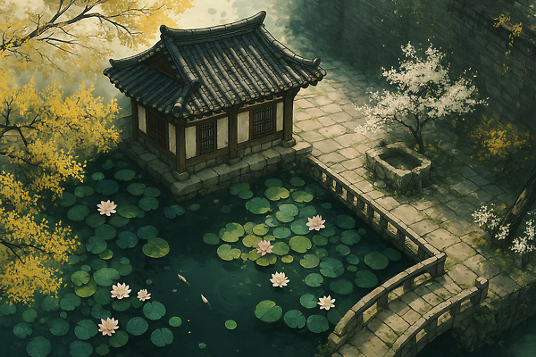 JPG 나무 전통 백그라운드 일러스트 자연 한옥 한국 연꽃 어류 풍경 여름 평화 정원 소리 고요 연못 역사 조화 돌길 뷰티풀 국내일러스트 AI일러스트 AI콘텐츠 식물 한국전통 계절 꽃 아시아 길 컨셉 고건축 수중동물 생태계 파일형식