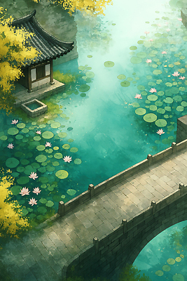 JPG 나무 전통 예술 일러스트 자연 수채화 한국 풍경 건물 여름 파란색 정원 산책 연못 연습 돌다리 국내일러스트 AI일러스트 AI콘텐츠 식물 건축물 계절 아시아 컬러 휴식 다리_건축물 생태계 파일형식