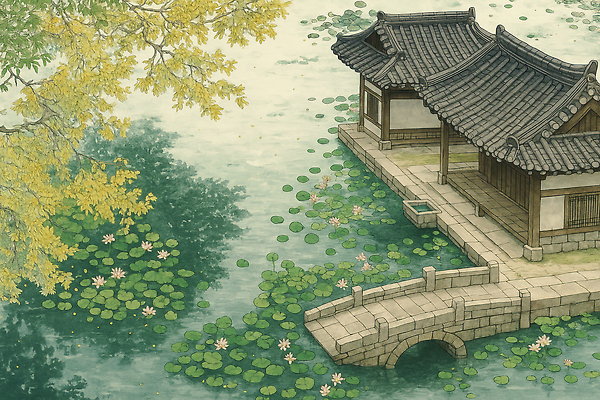 JPG 전통 고건축 일러스트 가족 자연 한옥 한국 연꽃 풍경 고요 나뭇가지 시골 수면 강가 물방개 뷰티풀 색감 차분 국내일러스트 AI일러스트 AI콘텐츠 나무 한국전통 건축물 꽃 아시아 컨셉 관계 물 강 생태계 파일형식