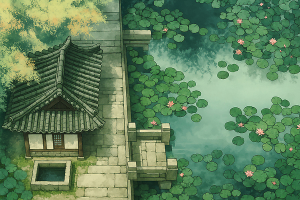 JPG 나무 전통 건축 일러스트 자연 아침 한국 풍경 잔디 물 여름 평화 정원 고요 산책로 시골 연못 연습 조화 국내일러스트 AI일러스트 AI콘텐츠 주간 자연요소 식물 계절 아시아 길 컨셉 생태계 파일형식